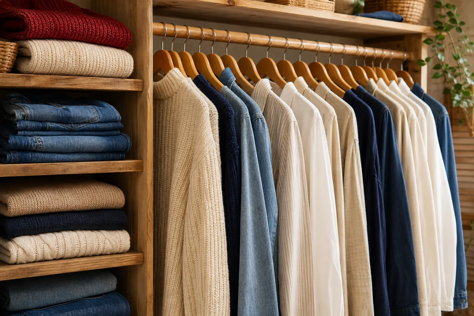 Maglieria piegata, denim e camicie neutre appese a grucce di legno.