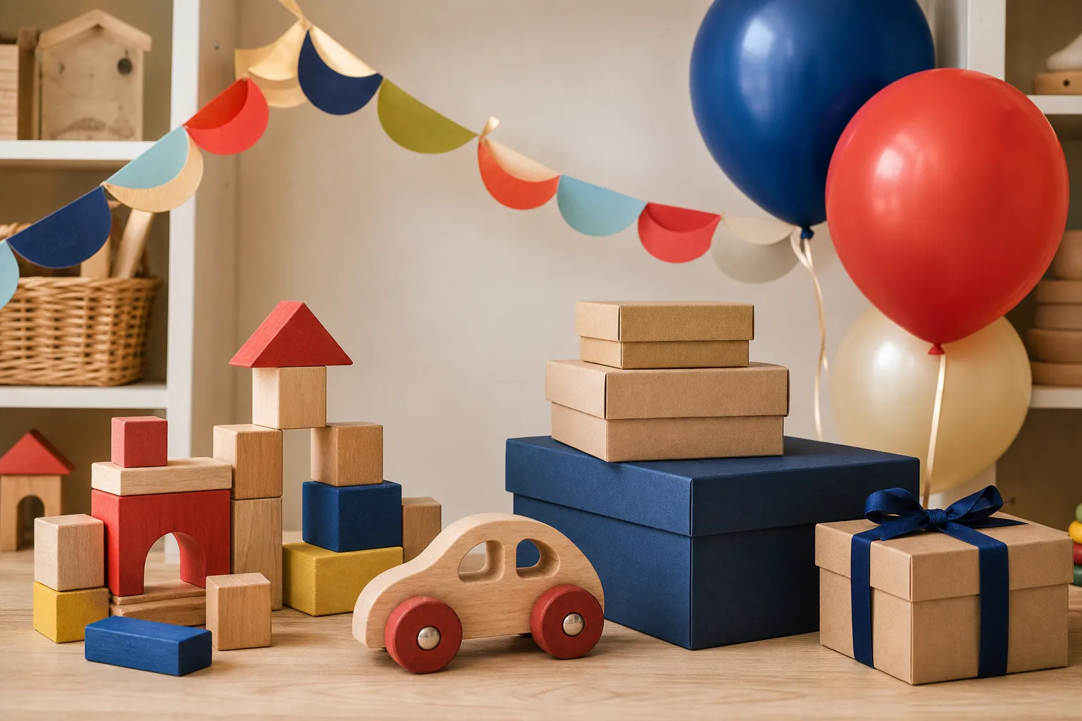 Blocchi di legno, auto giocattolo, palloncini e scatole regalo senza scritte.