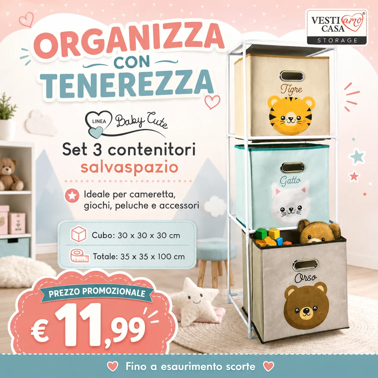 Ordine e tenerezza in cameretta! 3 pratici contenitori con simpatici animaletti. In promozione a soli € 11,99.